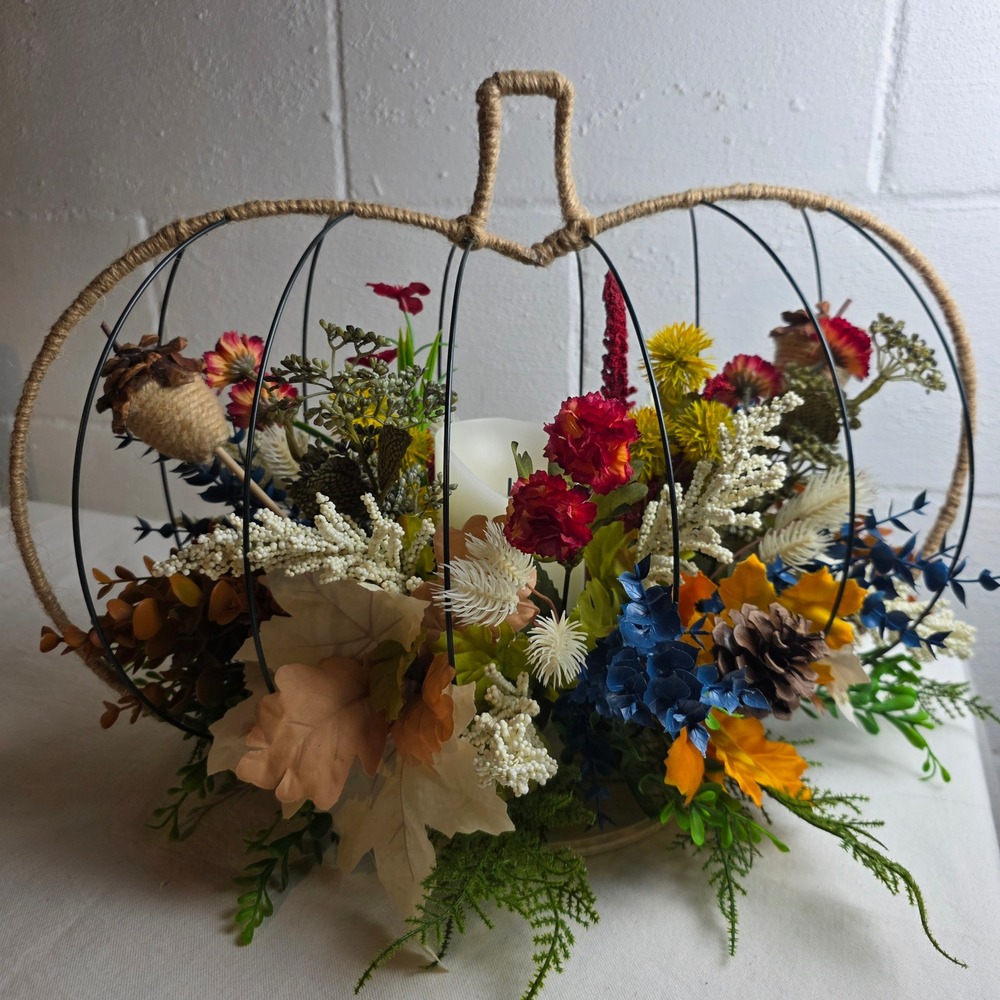 Rustic Fall Wire 3D Pumpkin Centerpiece Faux Florals Flameless Candle